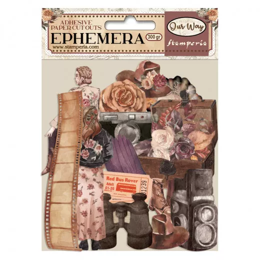 Stamperia Ephemera Our Way 300gr Papier-Stanzteile mit Vintage-Motiven, Frau mit Koffer, Kamera, Rosen und Blumen in Braun- und Rosatönen