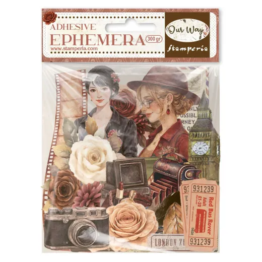 Stamperia Ephemera Our Way Verpackung mit selbstklebenden Kartonstanzteilen, Vintage-Design mit Frauen, Rosen, Kamera und London-Motiven