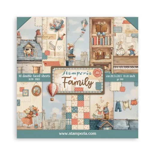 Stamperia Family Paper Pack 8x8 mit 10 doppelseitig bedruckten Blättern, Designpapiere in Creme, Blau und Koralle mit Familie-Motiven