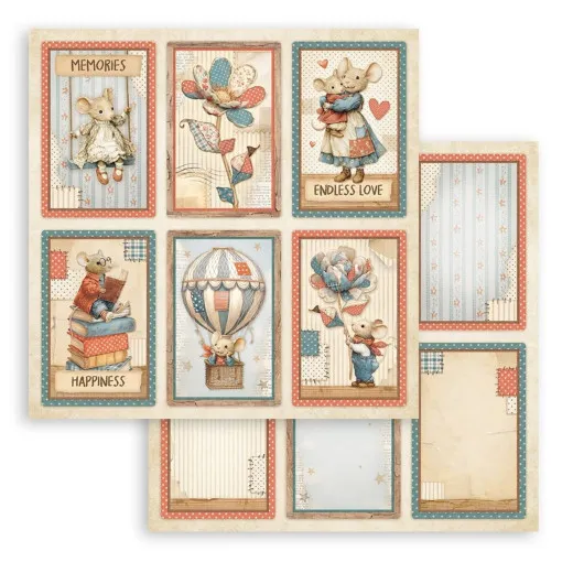 Stamperia Family Designpapier 12x12 mit niedlichen Motiven, Mäusen und Vintage-Design in Creme, Terrakotta und Blau