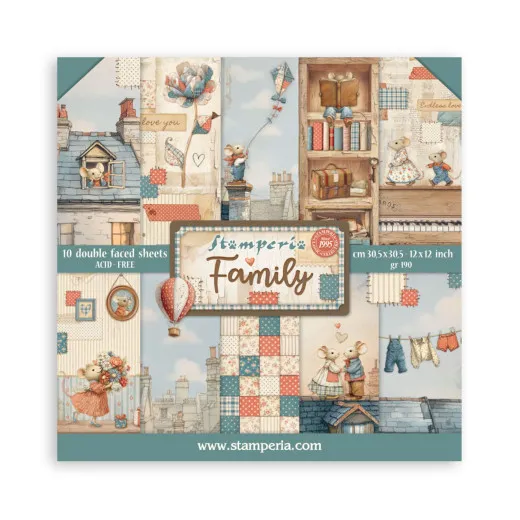 Stamperia Family Paper Pad mit 10 bedruckten Designblättern, Vintage-Stil, Mäuse und Häuser Motive, 30,5x30,5 cm