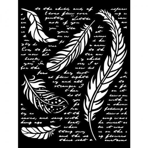 Stamperia Thick Stencil 'Our way - Feathers' mit vier verschiedenen Federnmotiven auf schwarzem Hintergrund, weiß freigestellt
