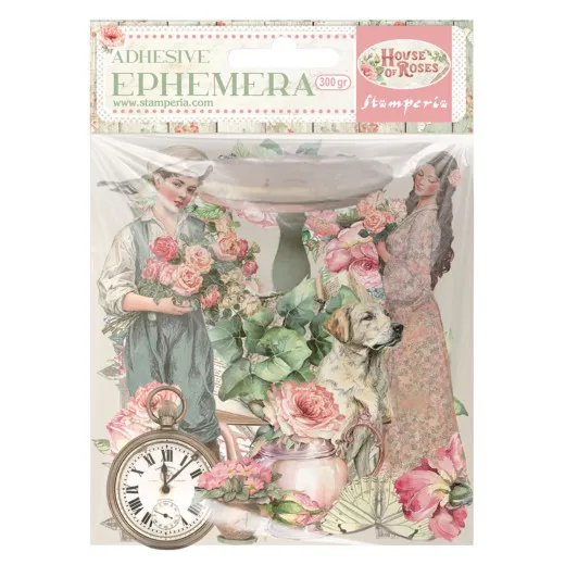 Stamperia Ephemera House of Roses Verpackung mit Figuren, Hund, Rosen und Vintage-Motiven
