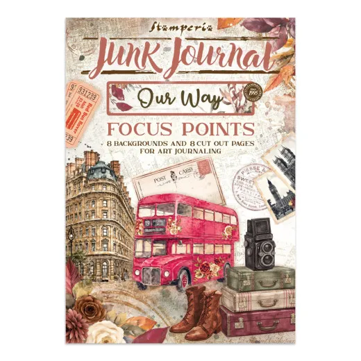 Stamperia Junk Journal A5 Focus Points Our Way mit rotem Doppeldeckerbus, Architektur und Vintage-Elementen