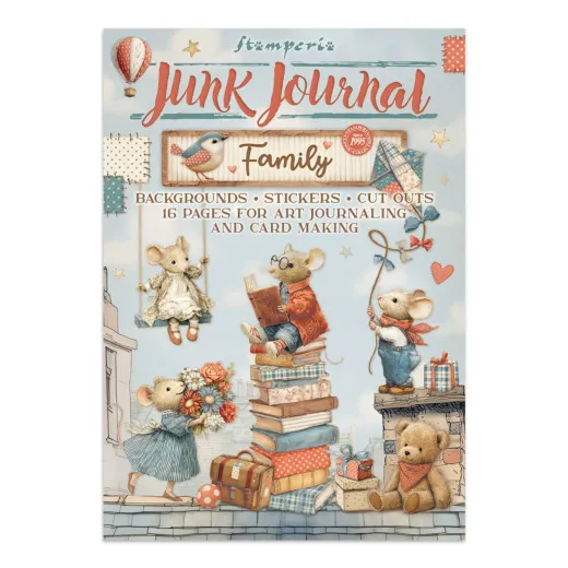 Stamperia Junk Journal Family 21x29,7cm mit Maus, Luftballon, Teddybär und Familien-Motiven auf blauem Hintergrund