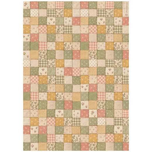 Stamperia Reispapier Cozy Family Fabric A4 mit Patchwork Muster in Pastellfarben