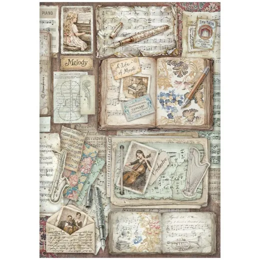 Stamperia Reispapier Symphony Letters and Books mit Musiknoten, Büchern und Instrumenten Motiven