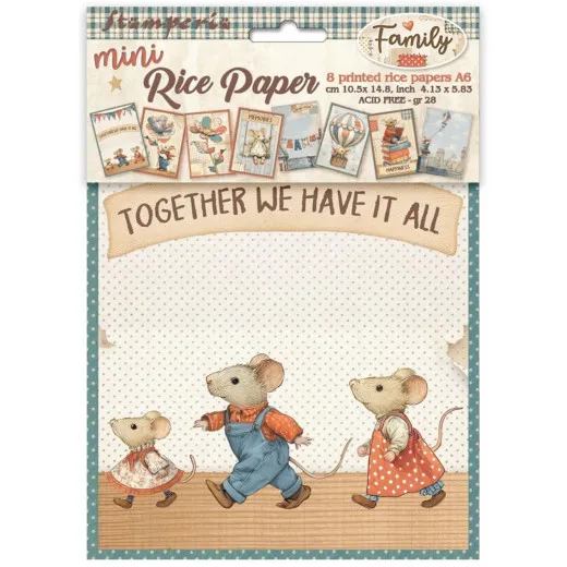 Stamperia A6 Mini Rice Paper Family - Packung mit 8 bedruckten Reispapierbögen, Familienmotive mit Mäusen, Wimpelkette, Spruch, Pastell