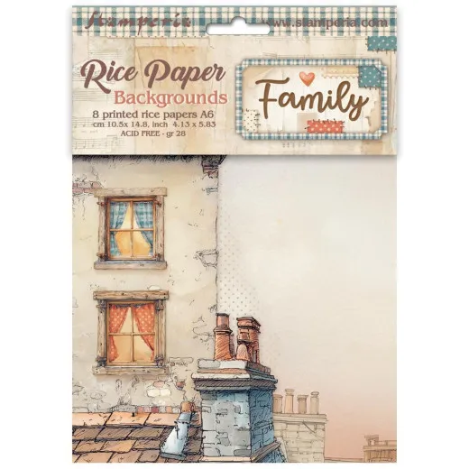 Stamperia Rice Paper A6 Family - Produktpackung mit 8 Bögen Reispapier, Hausfront mit Fenstern und Schornstein