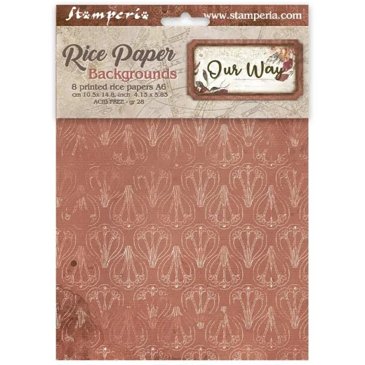 Stamperia Rice Paper A6 Our Way Backgrounds - Packung mit 8 Bögen Reispapier in Rostrot mit Blütenmotiven