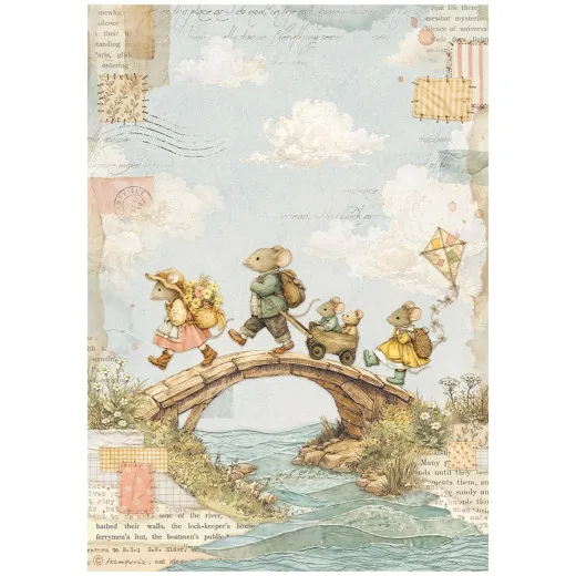Stamperia Reispapier A4 Cozy Family The Bridge mit Mäusefamilie auf Holzbrücke, Wolken und Fluss