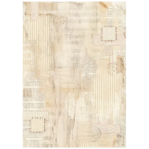 Stamperia Rice Paper A4 Family Background Pattern mit Vintage-Schriftzügen, Musiknoten, Streifen und Punktmuster in Beige und Creme