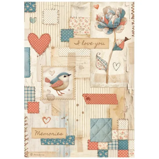 Stamperia Reispapier A4 Family Mill mit romantischem Motiv, Herzen, Vogel, Blumen und Schriftzügen in Creme, Rot und Blau