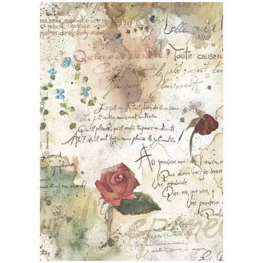 Stamperia Reispapier A4 mit rosa Rose, blauen Blüten und handschriftlichen französischen Texten auf beigem Vintage-Hintergrund