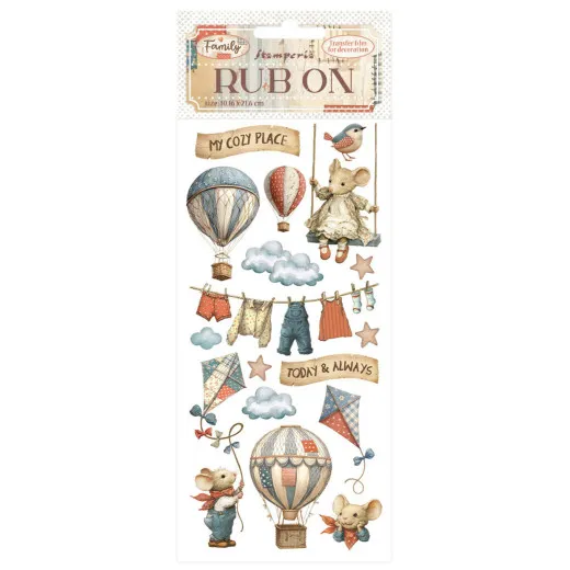 Stamperia Rub-on Bogen Family Air Balloons mit Luftballons, Mäusen, Wäscheleine und Textmotiven auf weißem Hintergrund