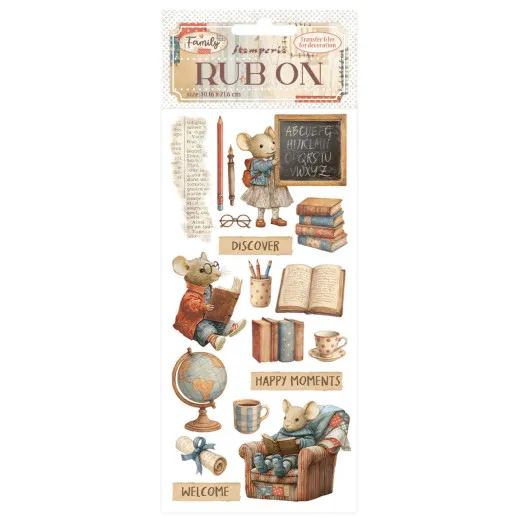 Stamperia Rub-on Bogen Family Happy Moments mit Mäusen, Büchern, Globus und Motivschrift zum Aufreiben, 10,16 x 21,6 cm