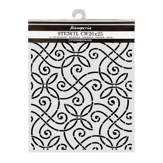 Stamperia Thick Stencil Our Way 20x25cm in Verpackung mit geometrischem Muster aus Spiralen und Blattformen