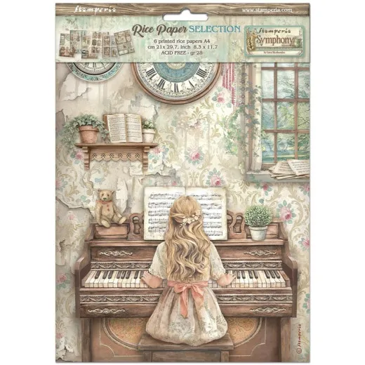 Verpackung Stamperia Symphony Reispapier Set A4 mit Mädchen am Klavier Motiv