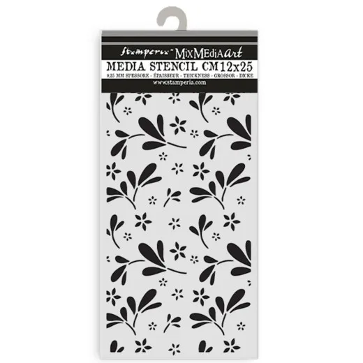 Stamperia Thick Stencil Big Flower Pattern 12x25 cm, weiße Kunststoffschablone mit schwarzem Blumenmuster, Verpackung mit Hänger