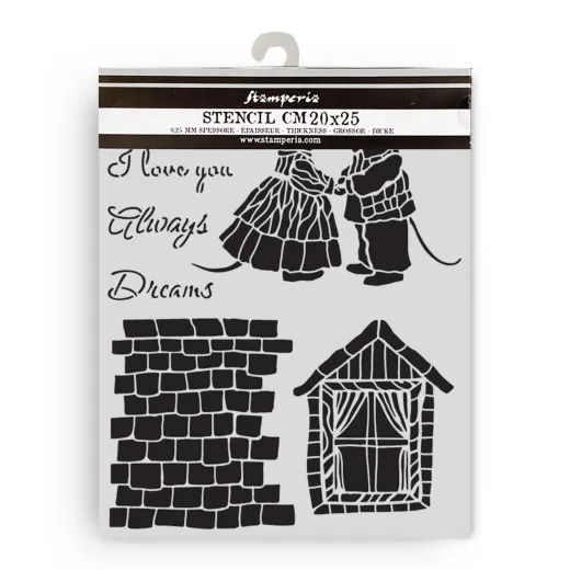 Stamperia Thick Stencil Family House Mice, 20x25cm Schablone mit Familie, Hausdetails und Texten auf Verpackung