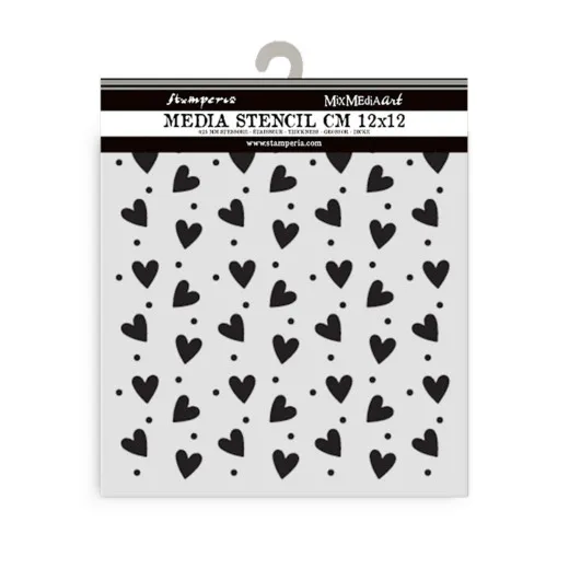 Stamperia Thick Stencil Heart Texture 12x12cm in Verpackung mit schwarzem Herz-Punktmuster-Motiv