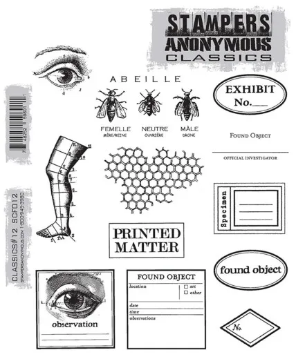 Stampers Anonymous Cling Stamps Classics #12 Stempelbogen mit Vintage-Motiven wie Bienen, Waben und Beschriftungen