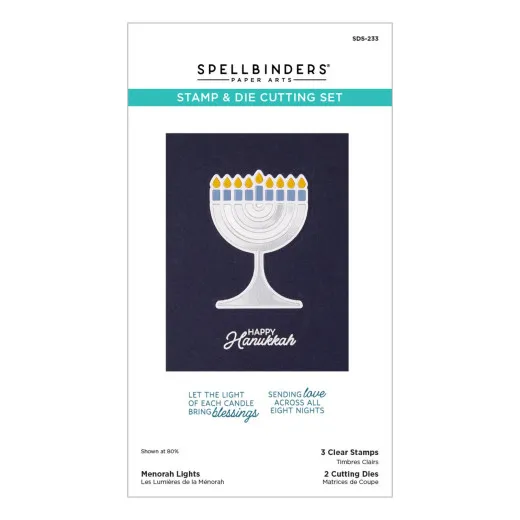 Verpackung zeigt eine gestanzte Menorah auf dunkelblauer Karte mit dem Stempelspruch 'Happy Hanukkah'.