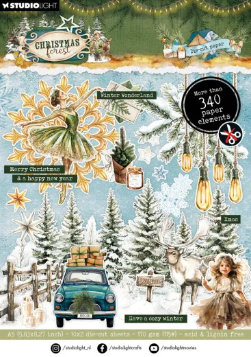 Verpackung des Stanzelemente-Blocks mit Collage aus Fensterrahmen, Schneeflocken, Ballerina und Aufklebern