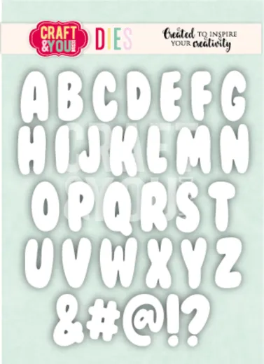 Craft & You Design Stanzschablone "Bubble Alphabet" mit Buchstaben A-Z und Sonderzeichen in runder Blasenform, Verpackungsfoto
