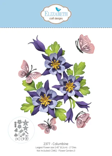 Verpackung des Stanzformen-Sets "Columbine" mit Akelei-Blüten-Dies in mehreren Größen.