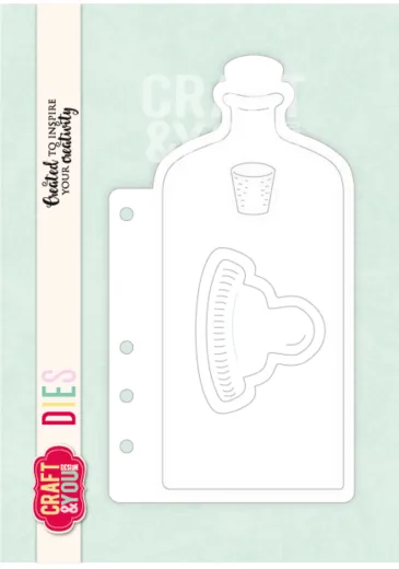 Craft & You Design Stanzschablone für eine flaschenförmige Journalseite mit Lochung und kleinem Etikett, Verpackungsfoto