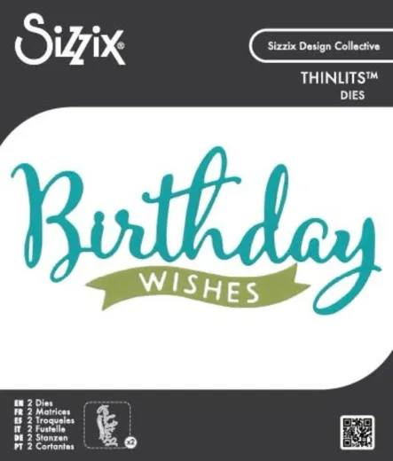 Verpackung der Thinlits-Stanzform mit dem Schriftzug „Birthday Wishes" in Petrol und Olivgrün.