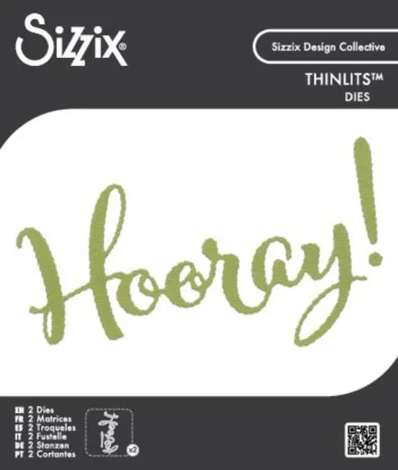 Verpackung der Thinlits-Stanzform mit dem Schriftzug „Hooray!" in Olivgrün.