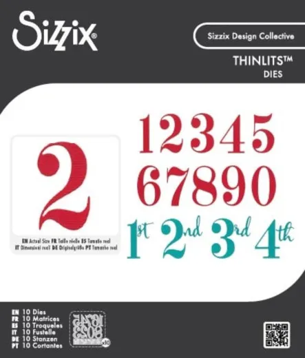 Verpackung der Thinlits-Stanzform mit Ziffern 1-9-0 in Rot und Ordnungszahlen 1st-4th in Petrol, inklusive Größenvergleich.