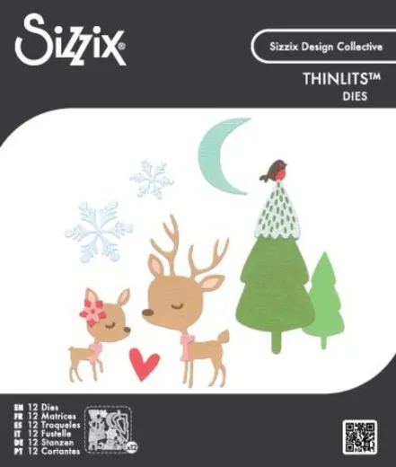 Verpackung der Thinlits-Stanzform mit winterlicher Reh-Szene: Rehmutter und Kitz, Mond, Rotkehlchen auf Tannenbaum, Schneeflocken und Herz.