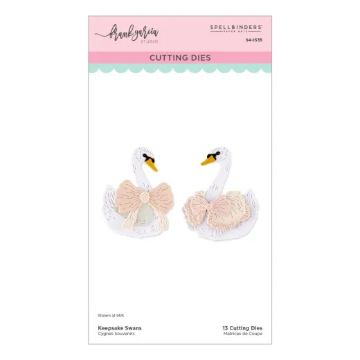 Verpackungsvorderseite mit zwei kolorierten Schwan-Stanzformen mit Schleife in Pastellfarben, Keepsake Swans