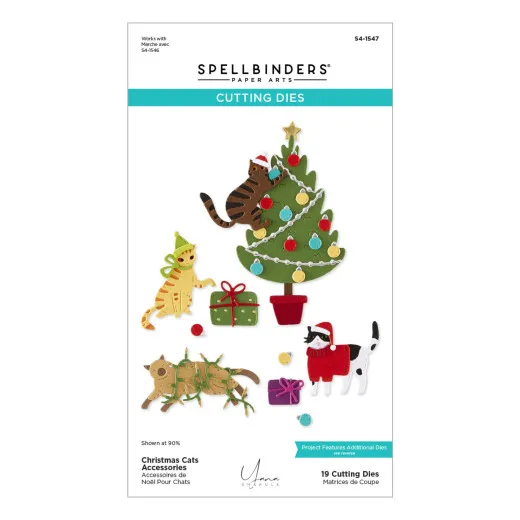 Verpackung zeigt einen geschmückten Weihnachtsbaum mit kletternder Katze sowie weitere Katzen mit Mütze, Lichterkette und Pullover.