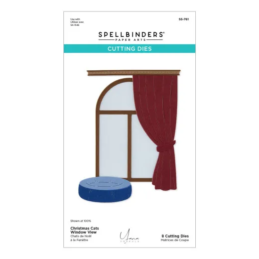 Verpackung zeigt ein gestanztes Bogenfenster mit rotem Vorhang und einem runden blauen Katzenkissen davor.