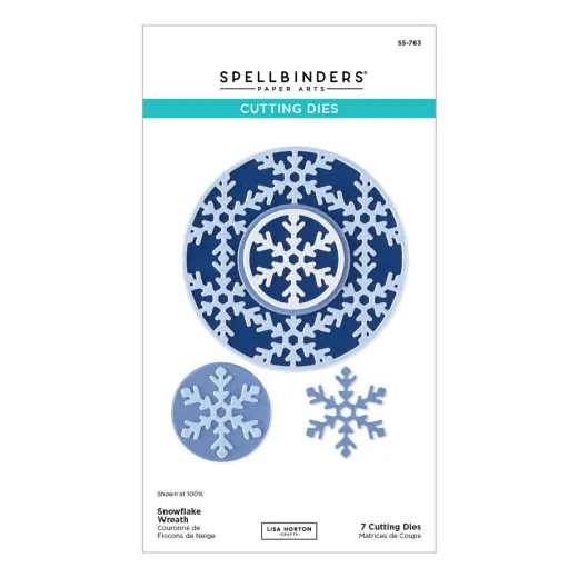 Verpackung zeigt einen runden Kranz aus filigranem Schneeflockenmuster in Dunkelblau mit zusätzlichen einzelnen Schneeflocken.