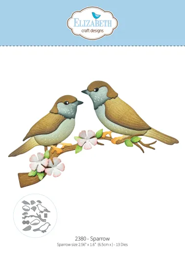 Verpackung des Stanzformen-Sets "Sparrow" mit Spatz-Vogel- und Zweig-Dies.