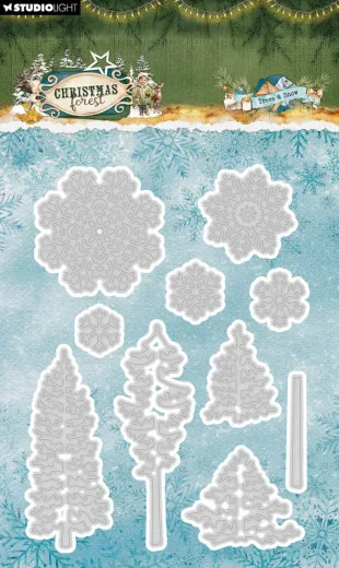 Stanzformen-Set "Trees and Snow" mit drei Tannenbäumen und fünf Schneeflocken in verschiedenen Größen