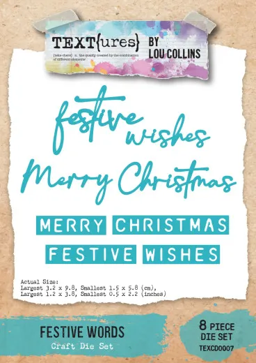 Verpackung des 8-teiligen Stanzform-Sets Festive Words mit Schreibschrift- und Blockbuchstaben-Stanzen Merry Christmas und Festive Wishes.