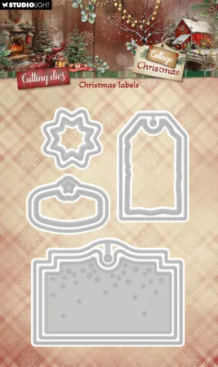 4-teiliges Stanzform-Set Christmas Labels mit Stern-, Anhänger- und Schild-Motiven.