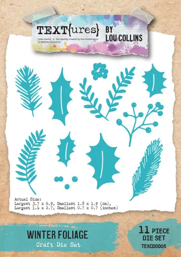 Verpackung des 11-teiligen Stanzform-Sets Winter Foliage mit Tannenzweigen, Stechpalmenblättern und Beerenzweigen.