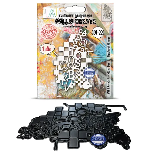 Verpackung der AALL & Create Stanzschablone „Checkered Figures" mit Zahlen und Buchstaben auf Karomuster als weißer Umriss, darunter die schwarze Stanzform