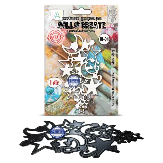 Verpackung der AALL & Create Stanzschablone „Moon Stars" mit Mond- und Sternenformen als weißer Umriss, darunter die schwarze Stanzform