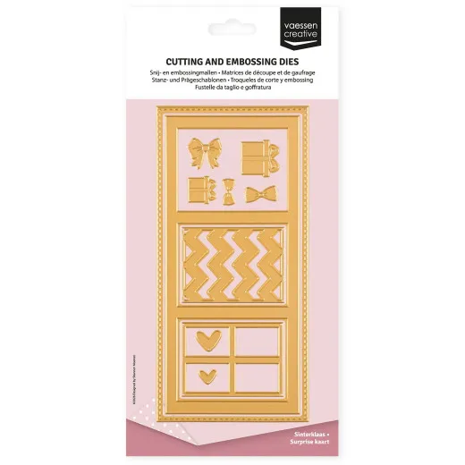 Verpackung der Stanz- und Prägeschablone „Slimline Überraschungskarte" in Türform mit Geschenk-, Schleifen-, Zickzack- und Fenstermotiven.