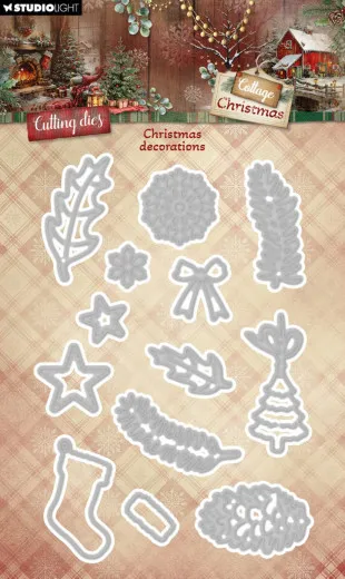 Stanzschablonen-Set mit Zweigen, Schneeflocken, Schleife, Sternen, Stiefel, Zapfen und Weihnachtsbaum als graue Umriss-Formen.