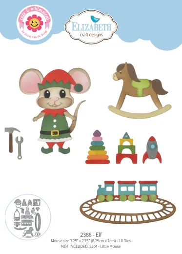 Stanzschablonen-Set Elf von Elizabeth Craft Designs mit Elfen-Maus, Schaukelpferd, Zug, Rakete und Werkzeug in Farbe