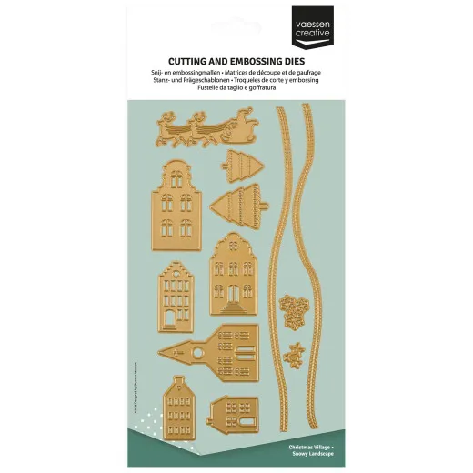 Vaessen Creative Stanzschablonen-Set Slimline Schneelandschaft mit Häusern, Tannen und Schlitten in Verpackung